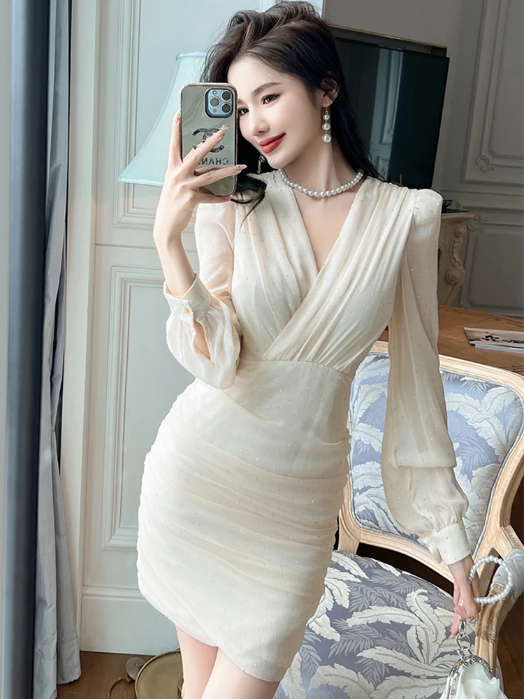 Fashion Elegant Mini Dress for Woman Sweet Sheer Chiffon Bright Diamond Rhinestone Folds Short Gown Party Vestidos Date Clothes