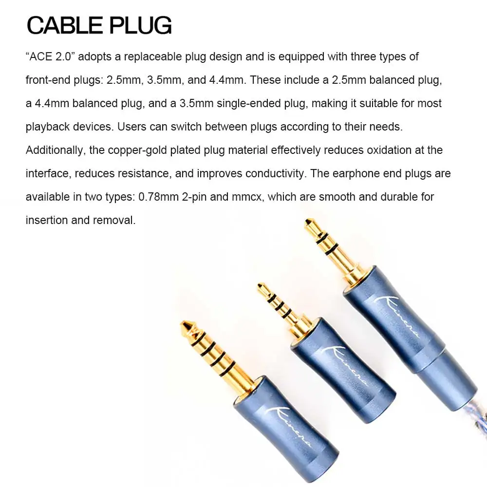 Kinera Ace 2.0 HIFI Earphone Modular Upgrade MMCX IEM Cable 3in1 2.5+3.5+4.4mm Balanced Detachable Plug 0.78 2pin/MMCX Connector