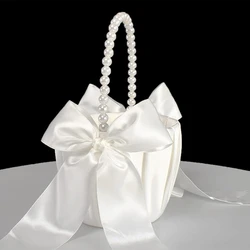 20 cm White Flower Girls Basket Silk Wedding Basket for Flower Bride/Kids Hand Held Wedding Ceremony Party Decorations