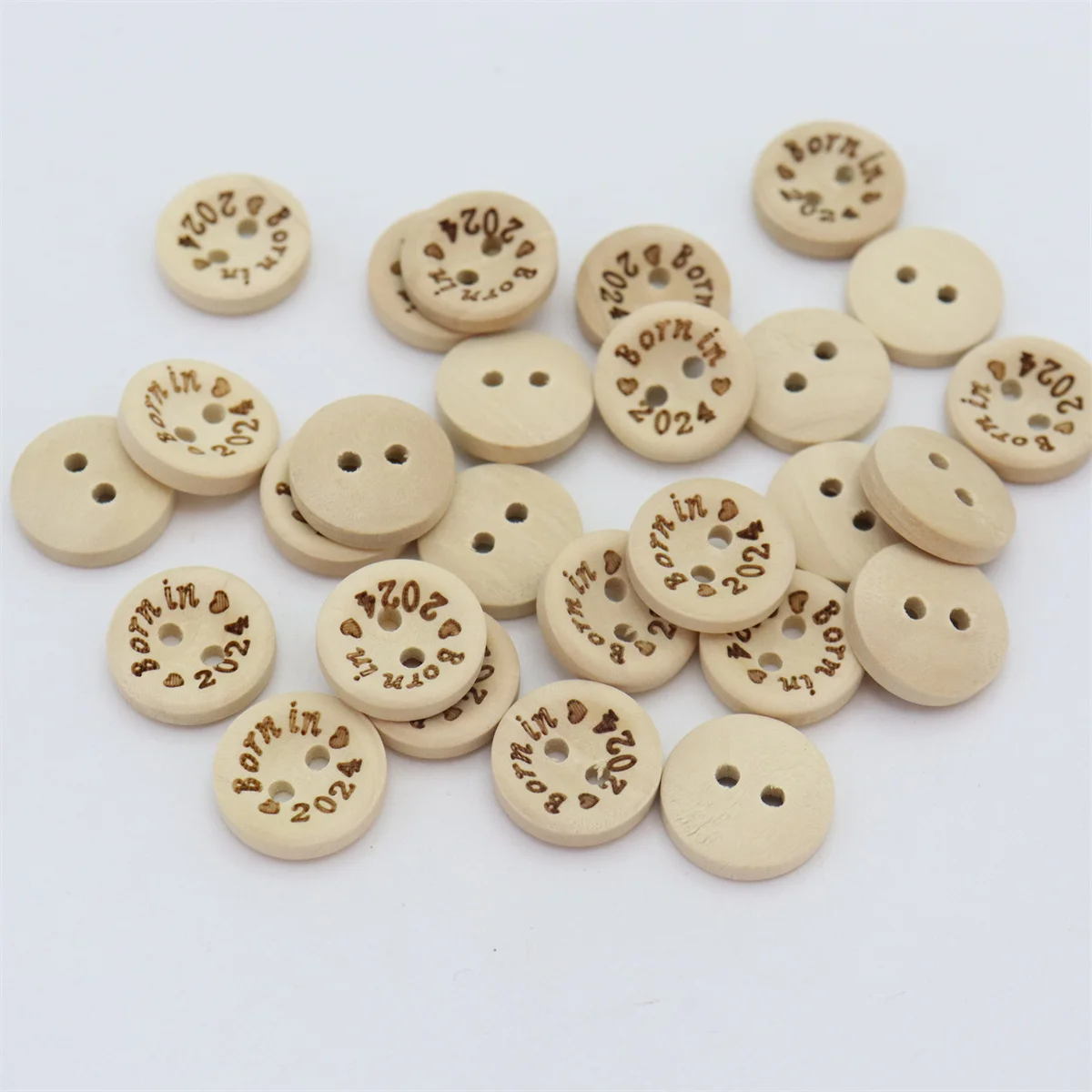 100pcs 15mm Wood Natural Laser Born in 2024/2025 2 Hole Buttons DIY Crafts For Cardmaking Scrapbooking Sewing Accessories