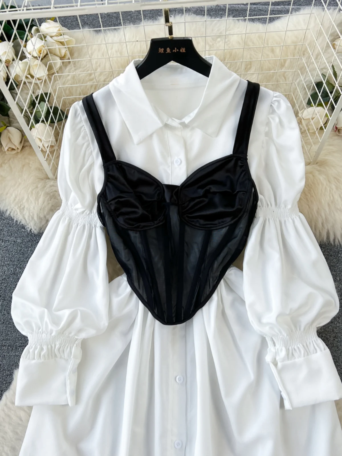 E Vestido Csero con Mangas Abullonadas, Ropa Exterior para Mujer, Cseta sin Mangas, Conjunto de Dos Piezas Antie...