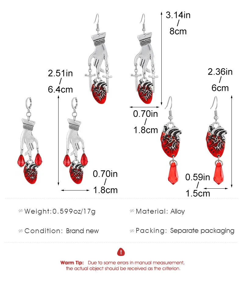 Ancient Egypt Hands Drop Earrings for Woman Goth Jewelry Bleeding Heart Ear Hoops Halloween Cosplay Trinket Gothic Earring Gifts
