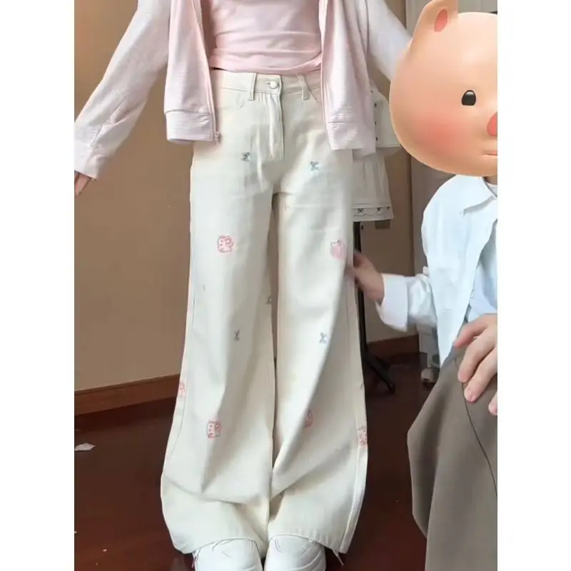 

Sweet Gentle Beige Embroidered Wide Leg Denim Jeans Women's Loose Straight American Sle Spring Autumn New Arrival