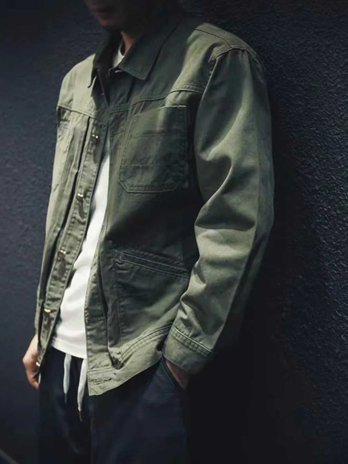 

Retro Japanese Sle Men's Casual Loose Cotton Work Jaet with Multiple kets Faionable Brand Turn-down Collar Coat