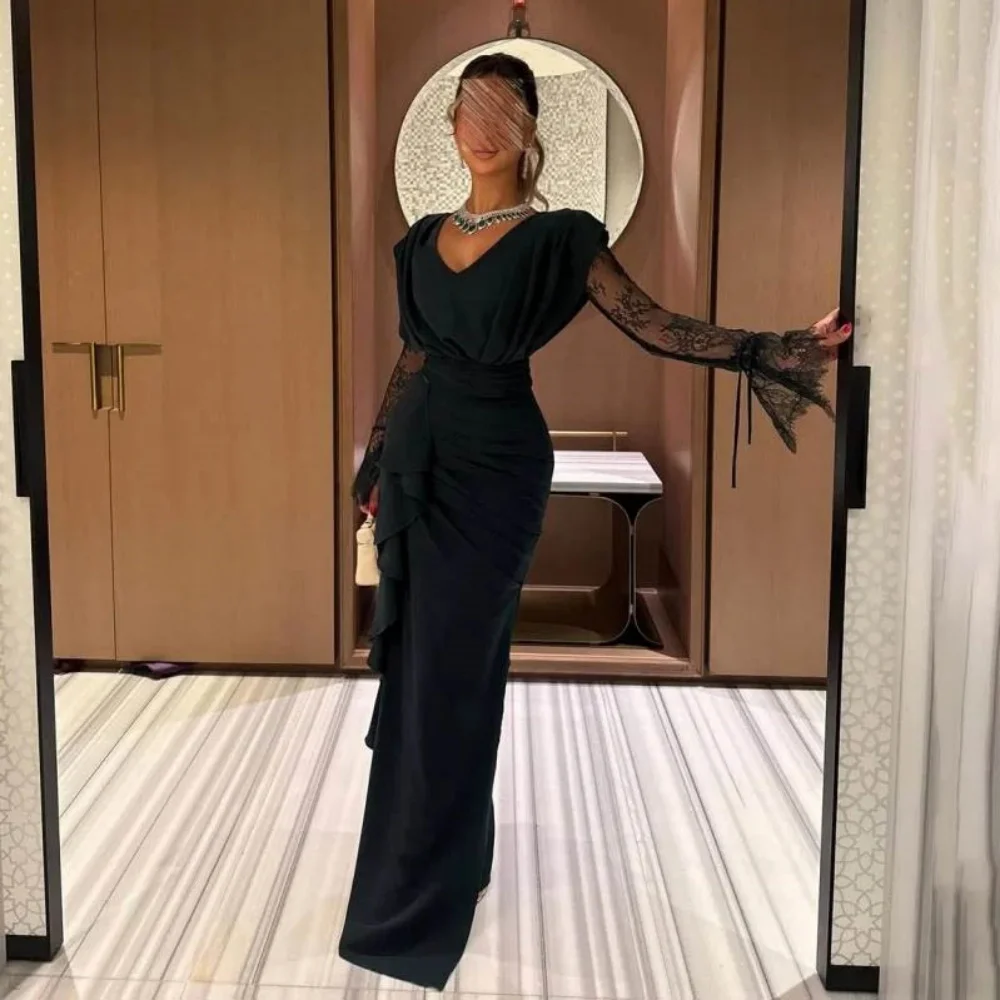 

Customized Exquisite Ruched V Neck Women Prom Dress Lace Applique Charming Mermaid Floor Length Party Dress Women Evening Gown