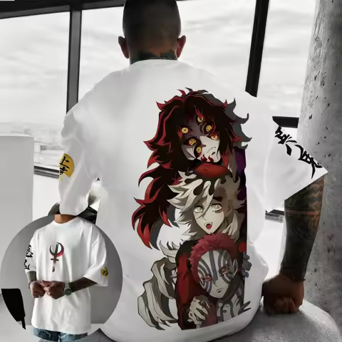 Demon Slayer Men's T-shirt Akaza Douma Kokushibo Summer Anime Tee Spring and Autumn Boys Niche Short-sleeved Parent-child Wear