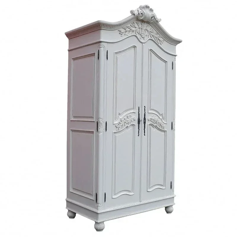 

Solid wood wardrobe American retro carved old double door wardrobe bedroom white storage cabinet