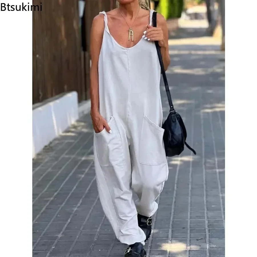 2024 Women\'s Plus Size Casual Wide Leg Jumpsuits Solid V Neck Low-cut Daily Wear Oversized Overalls Female Outfits Backless 5XL