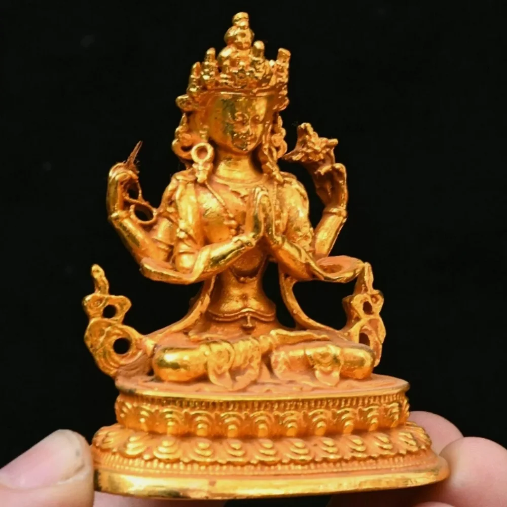 2.7''Old Bronze Gilt Buddhism 4 arms Chenrezig Avalokiteshvara Buddha Statue