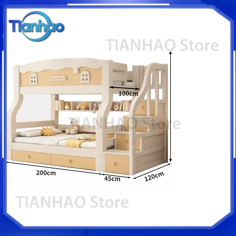 Solid Wood Child Bed for Upper and Lower Bunk Thickened Heightened Twin Bed Combination High Low Princess Style