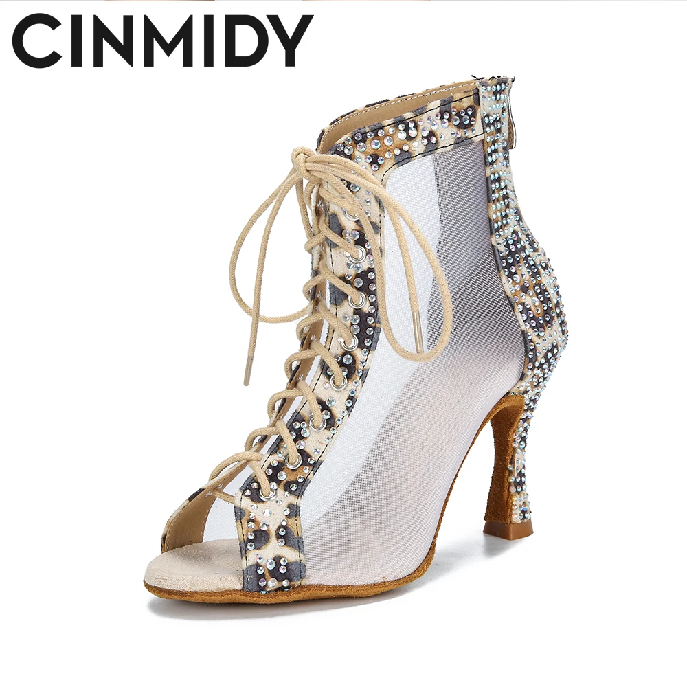 

CINMIDY Sexy Leopard Print Dance Shoes Ballroom Performance Shoes Salsa Tango Latin Dance Shoes Women's Party Boots Cuban Heel