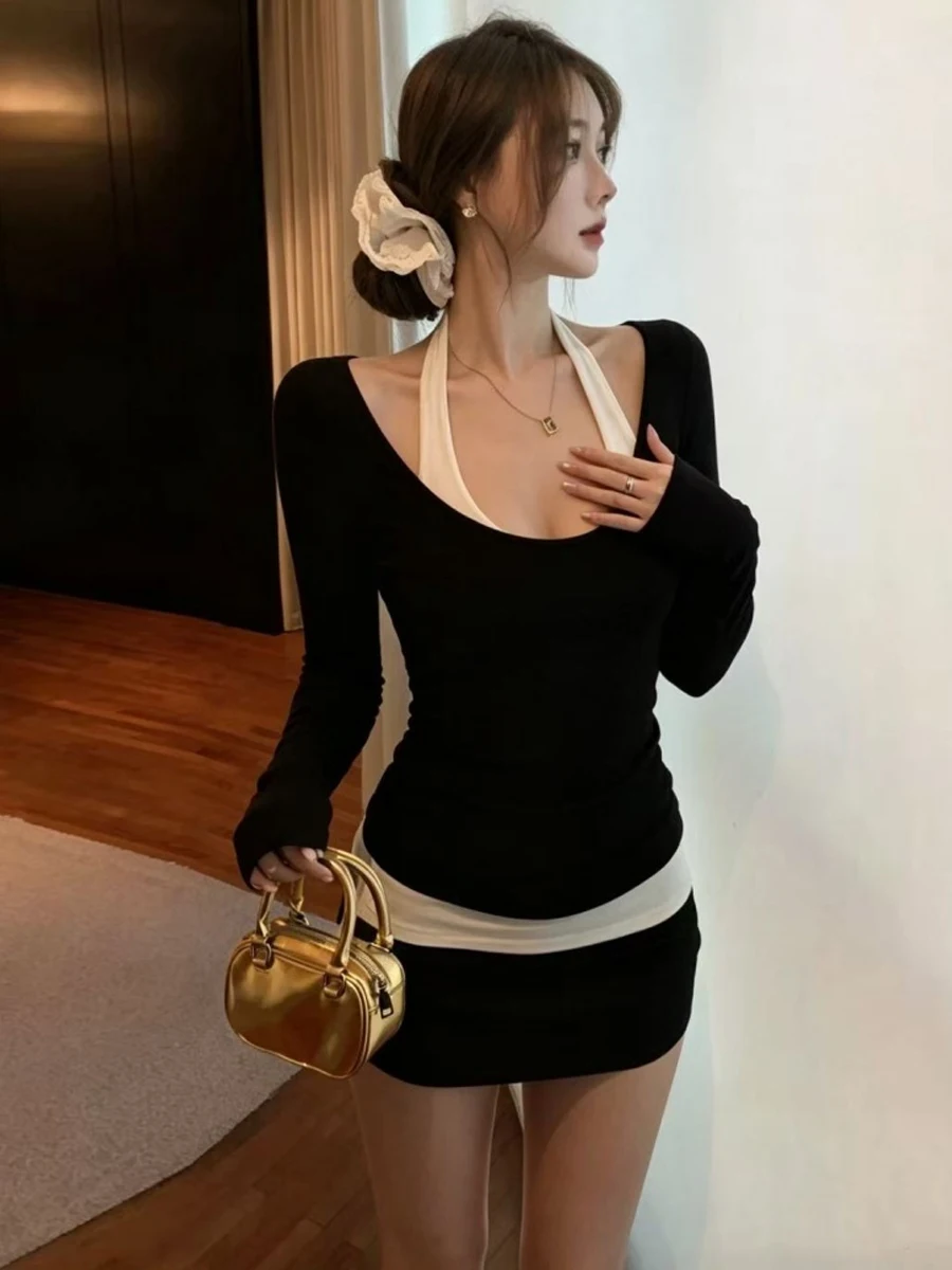 Korean Style Ageless White Sleeveless Neck Hanging Vest Long Sleeve Inner Wear Slim Fit T-Shirt Layering Versatile Set for Women