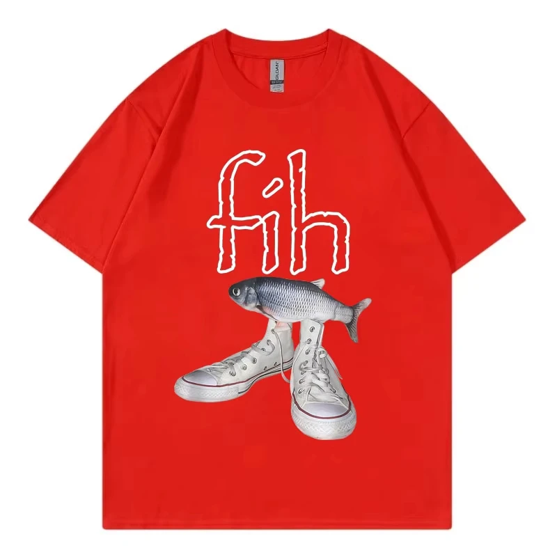 เสื้อยืดลายมีมปลาสะกดผิด ผู้ชาย ผู้หญิง แฟชั่นลำลอง แขนสั้น เสื้อยืดตลก สไตล์ใหม่ ขายดี ลายรองเท้าปลา เสื้อยืดลายกราฟิก