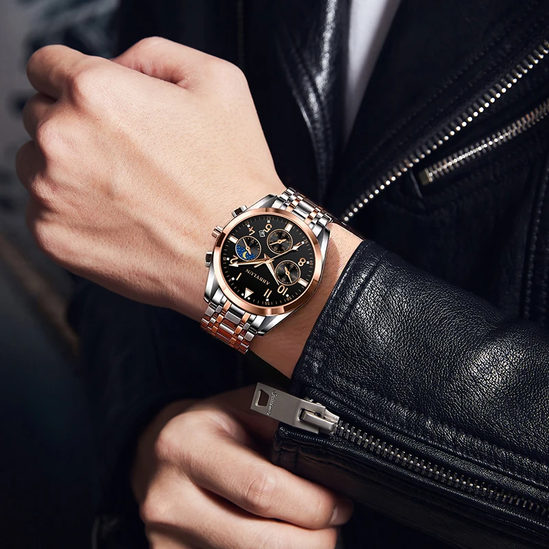 Abbylun นาฬิกาควอทซ์สำหรับผู้ชาย, นาฬิกาข้อมือ816คลาสสิกกันน้ำมัลติฟังก์ชั่นโครโนกราฟลำลอง