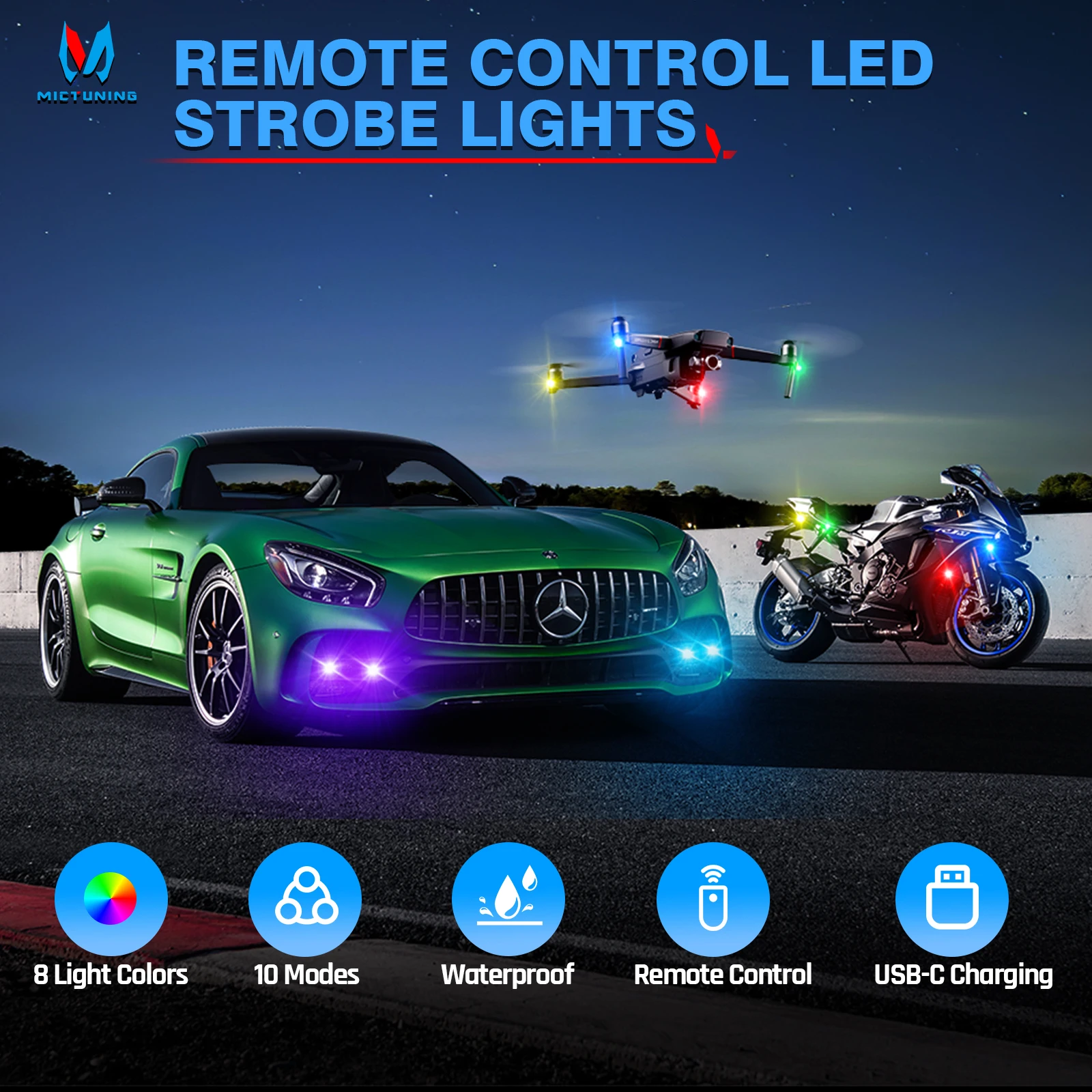 MICTUNING Wireless LED Strobe Lights with Remote Control, 8 Colors USB Charging Anti-collision Lights for Car Motorcycle Drone