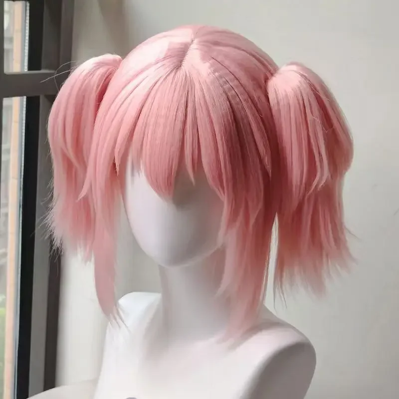 Kaname Madoka Cosplay Wig Pink Ponytail Wigs with Bangs Cute Lolita Pigtails Wig for Women Girls Comic Con Props Hair+Wig Cap image 3