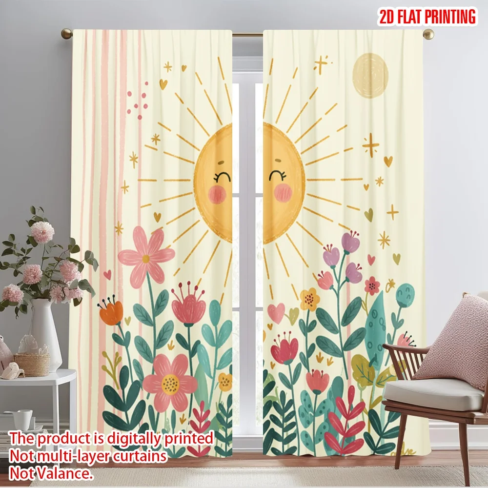 

2pcs 2D flat printing Window Curtains Cute Sun Flower Starlight Polyester Without Electricity All Season Party & Holiday Decor