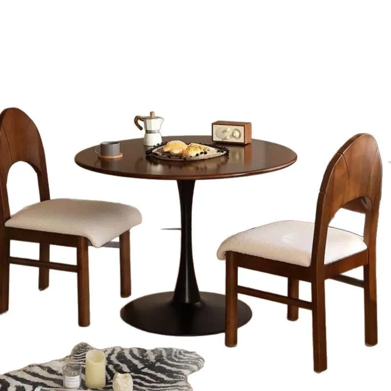 

Retro walnut round solid wood round table, household small tulip coffee round table
