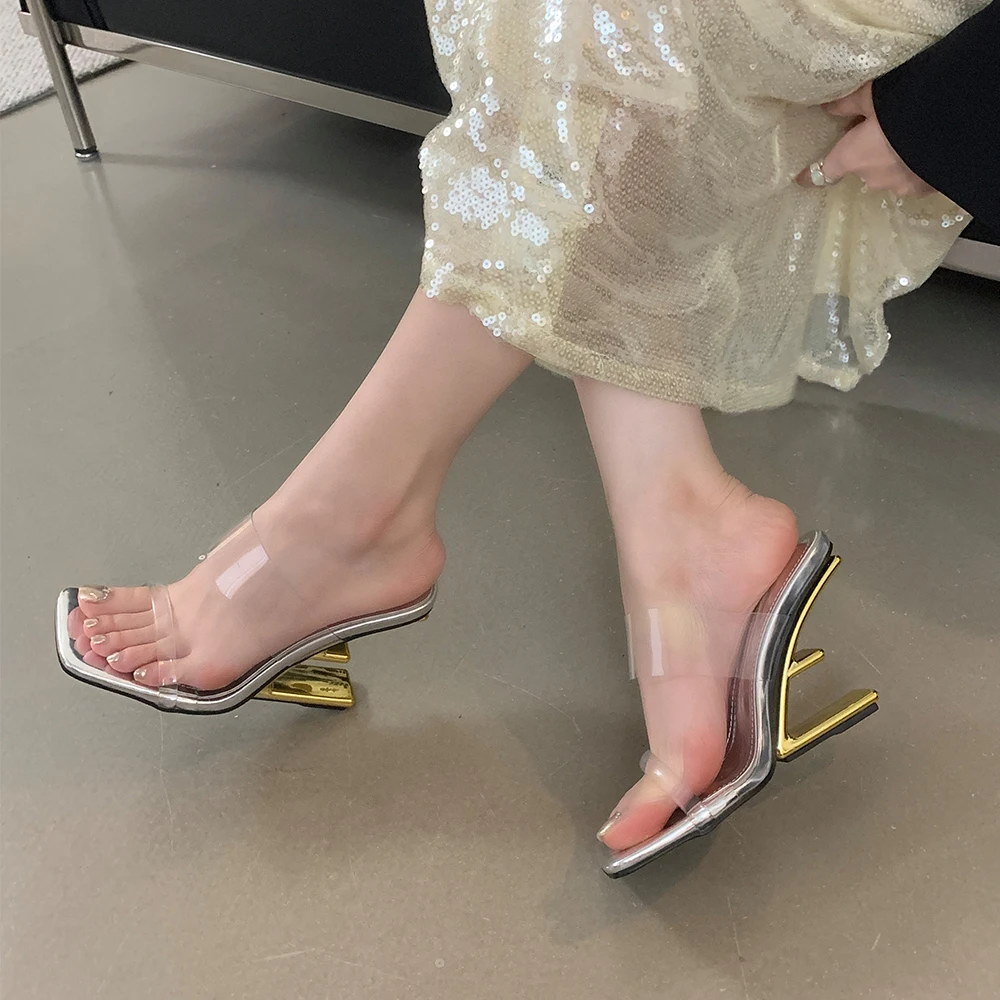 Aneikeh Summer Fashion Transparent  PVC Golden Fretwork Heels Sandals Women Sexy High Heels Slippers Exposed Toes Party Shoes
