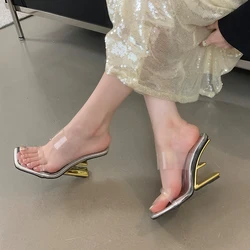 Aneikeh Summer Fashion Transparent PVC Golden Fretwork Heels Sandals Women Sexy High Heels Slippers Exposed Toes Party Shoes