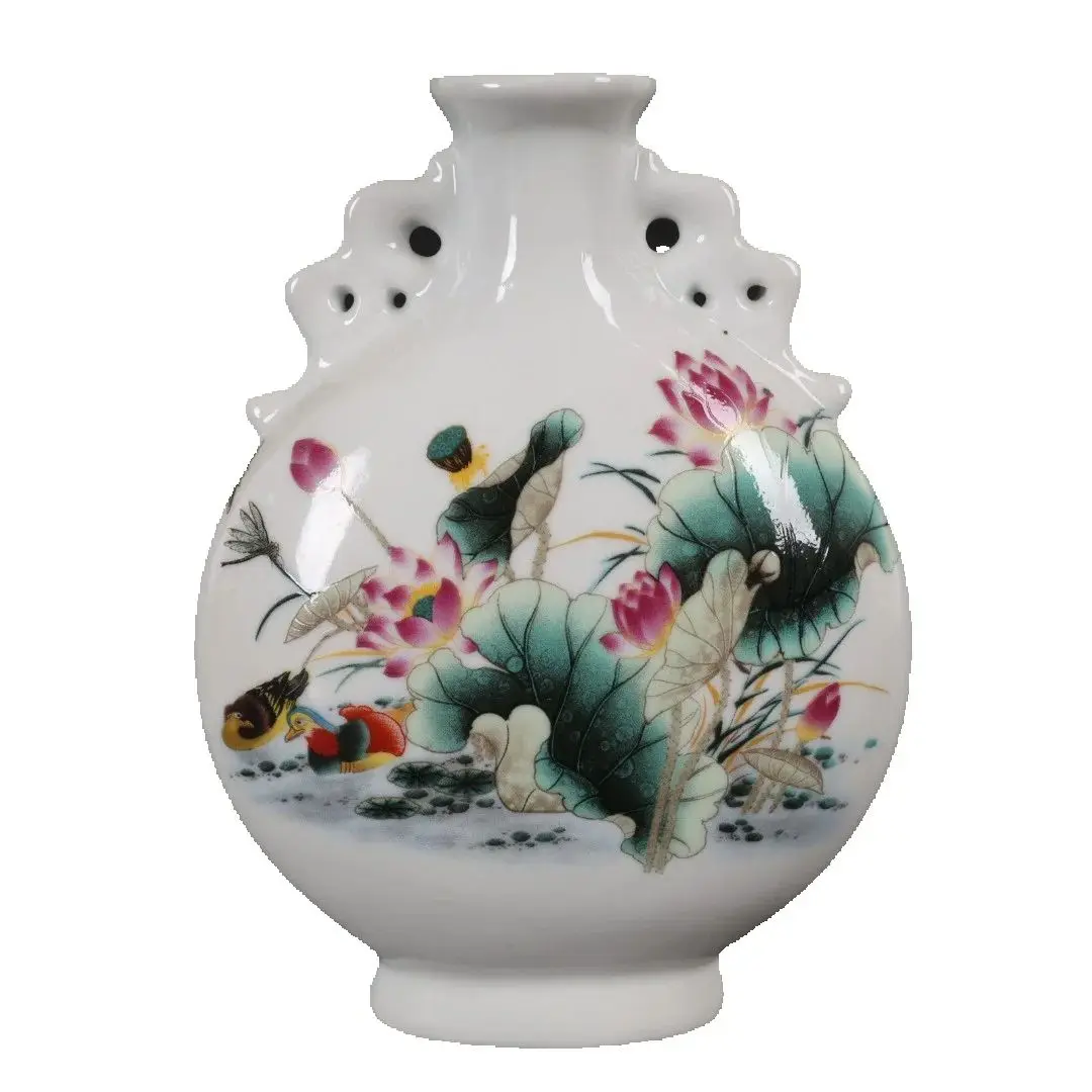 Chinese Old Porcelain,Pink Mandarin Ducks Playing with Lotus Pattern Small Flat Bottle Collectible