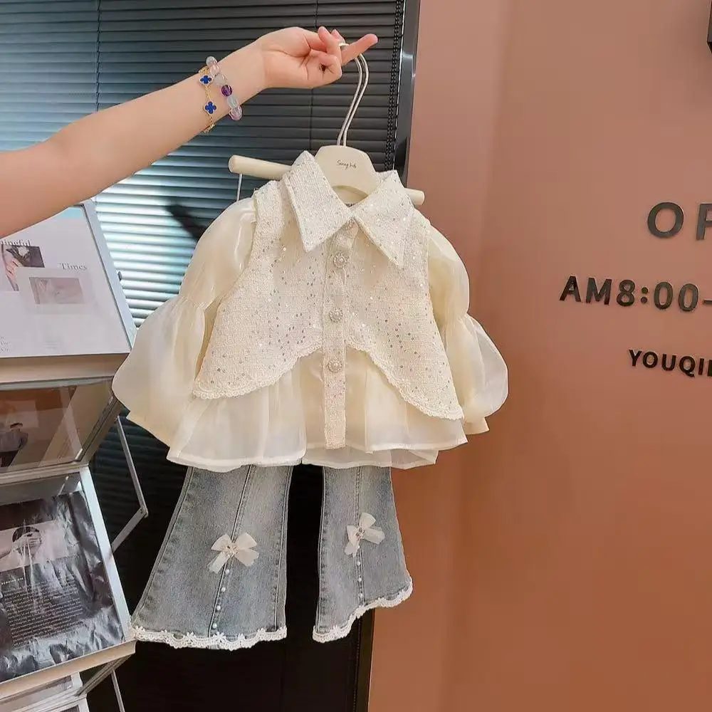 Girls' Set Spring and Autumn New Style Children's Collar Shiny Vest Fashion Bottom Shirt Jeans 3-Piece Set