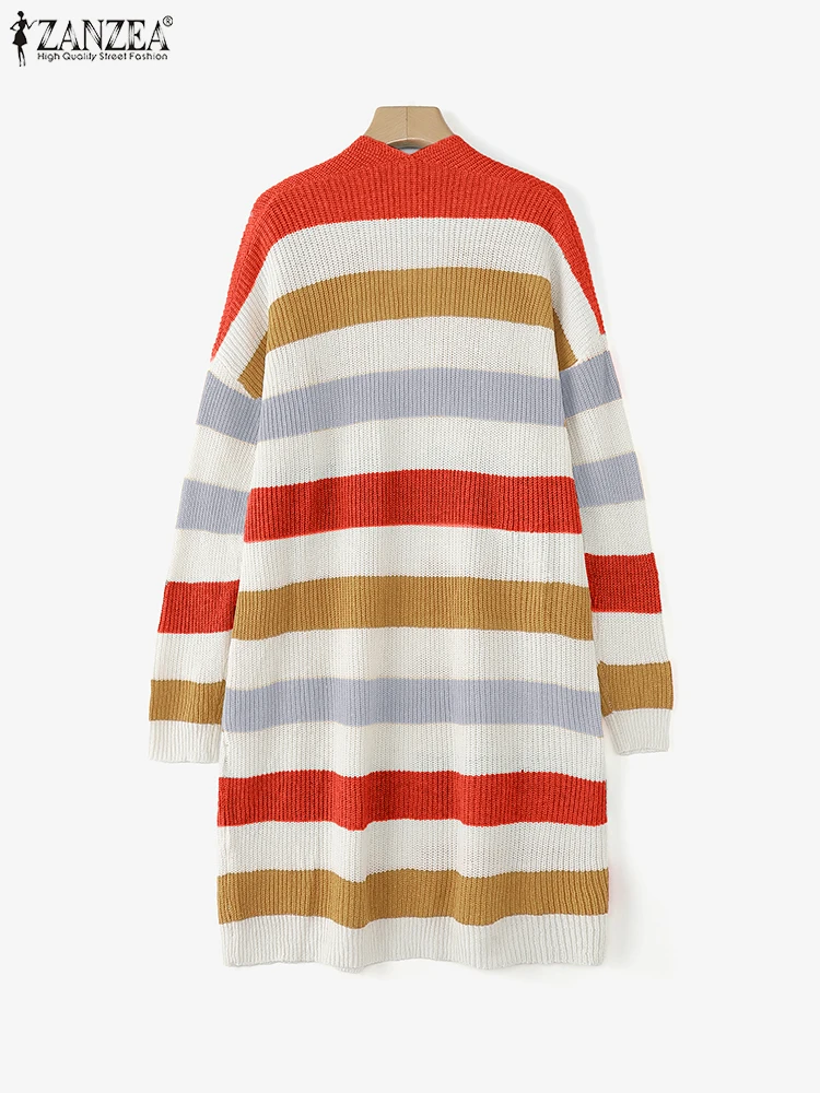 ZANZEA เสื้อสเวตเตอร์ถักผู้หญิง เสื้อคาร์ดิแกนยาวลายทาง เสื้อสเวตเตอร์แฟชั่นแขนยาว เสื้อคลุมลำลองสำหรับฤดูใบไม้ร่วงและฤดูหนาว เสื้อถัก
