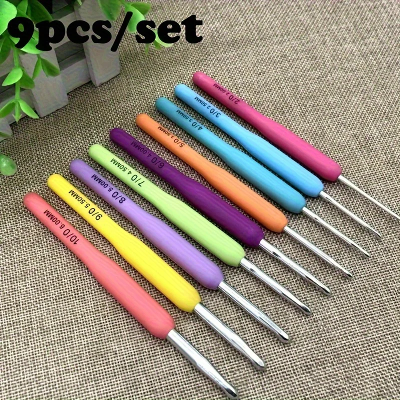 9Pcs Rainbow Crochet Hook Set Smooth Durable Aluminum Oxide Needles 2-6mm Comfort Grip Colorful Handmade Knitting Craft Tools