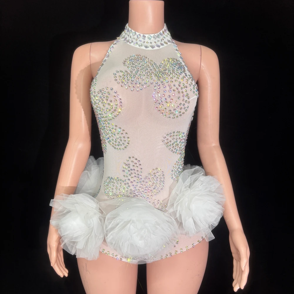 Sparkly Rhinestones Bodysuit for Women Sexy Mesh See Through Performance Dance Costume Singer Dancer Show Stage Wear