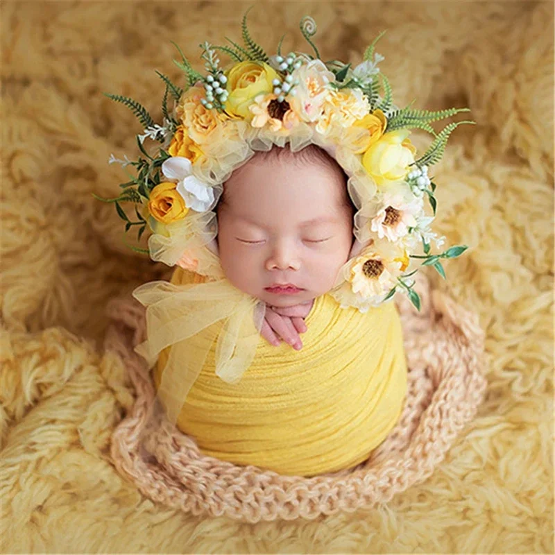 Newborn Photography Accessories Baby Floral Bonnet Hat Photography Color Simulation Flower 3-12 Months Newborn Cap Photo Props