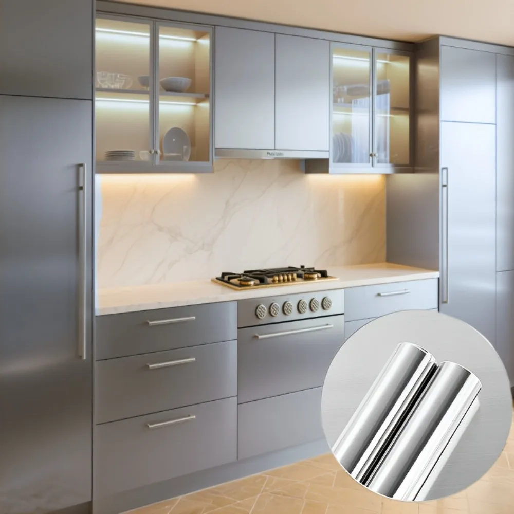 Self-adhesive Wallpaper for Kitchen Oil-proof Peel and Stick Home Decor Removable for Cabinet Metal Brushed Waterproof Wallstick