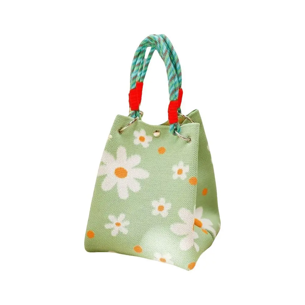 Geometric Colorblock Knitted Bucket Bag Floral Print Woven Crochet Handbag Portable Casual Wristlet Purse Women
