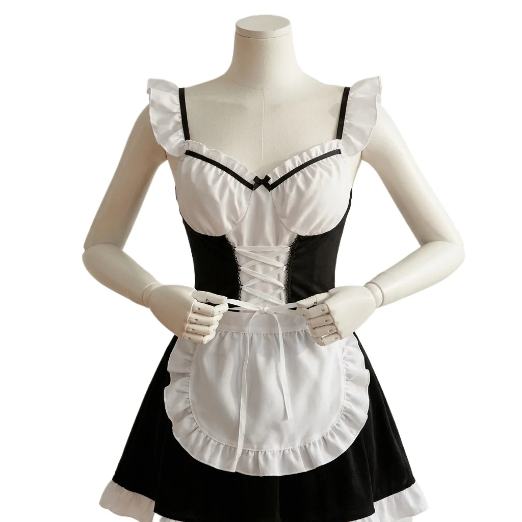 Women's French Maid Costume, Black and White Ruffle Trim Maid Dress with Lace-Up Corset, Anime Cosplay Apron Outfit and Roleplay