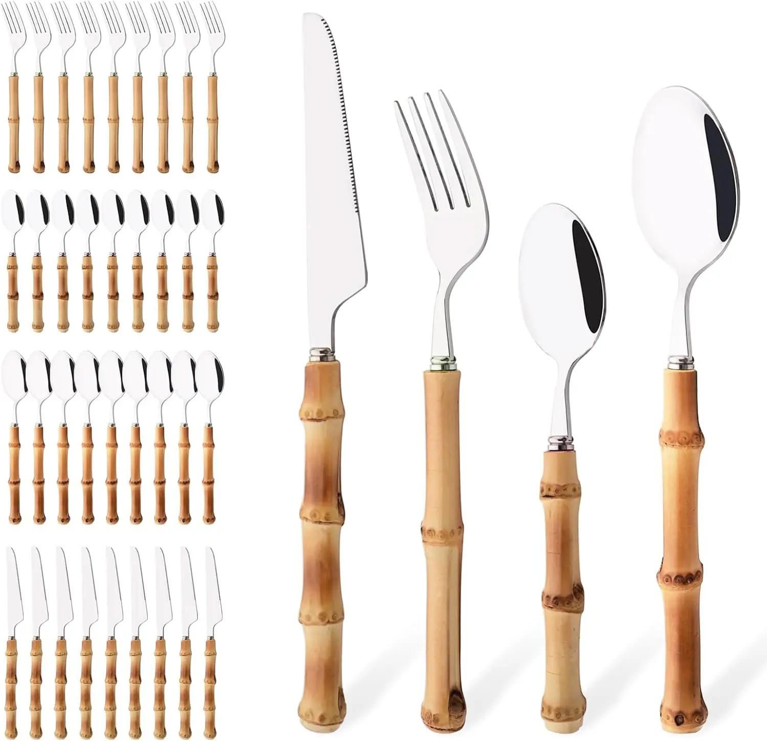 

40-Piece Bamboo Handle Flatware Set for 10, Stainless Steel Cutlery for Home and Party
