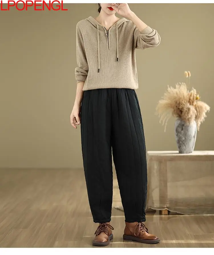 Literary And Versatile Patchwork Vintage Cotton Trousers Women's Winter 2024 New Solid Color Elastic Waist Loose Harem Pants