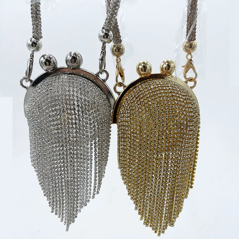 

Round Circular Gold Diamond Tassel Bridal Women Evening Party Crystal Clutch Bags Wedding Wristlets Purse Messenger Bag