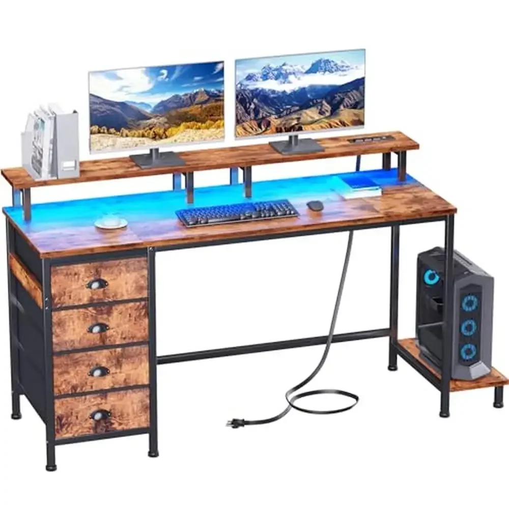 

55in Gaming Desk with LED Lights Charging Station CPU Stand 4 Fabric Drawers Full Monitor Stand Storage Shelf Study Office Home