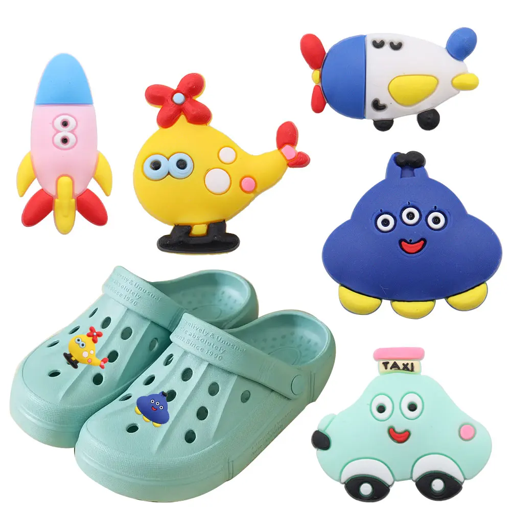 Mix 50pcs PVC Cartoon Helicopter Rocket Airship Taxi Spaceship Shoe Charms Fit Wristbands Hole Shoes Ornaments Decorations