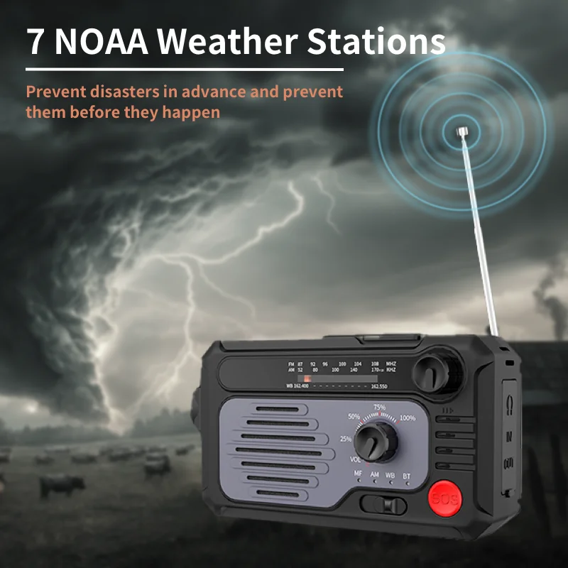 WARSUN KK228 Emergency Radio with Flashlight and NOAA Weather Alert Hand Crank, Solar & USB Rechargeable AM/FM/WB SOS Alarm LED