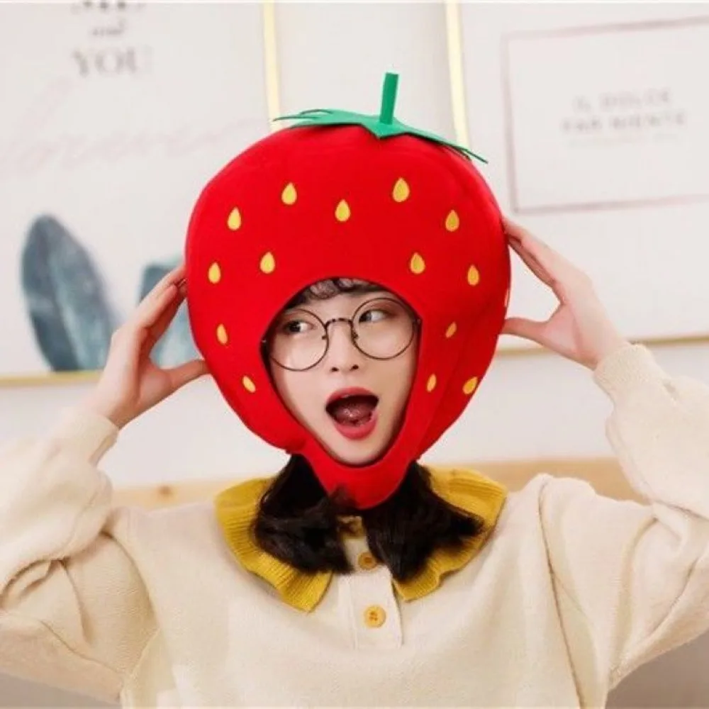 

Funny Cartoon Plush Strawberry Hat Sweet Style Unisex Strawberry Headgear Red Novelty Strawberry Cap Photography Props