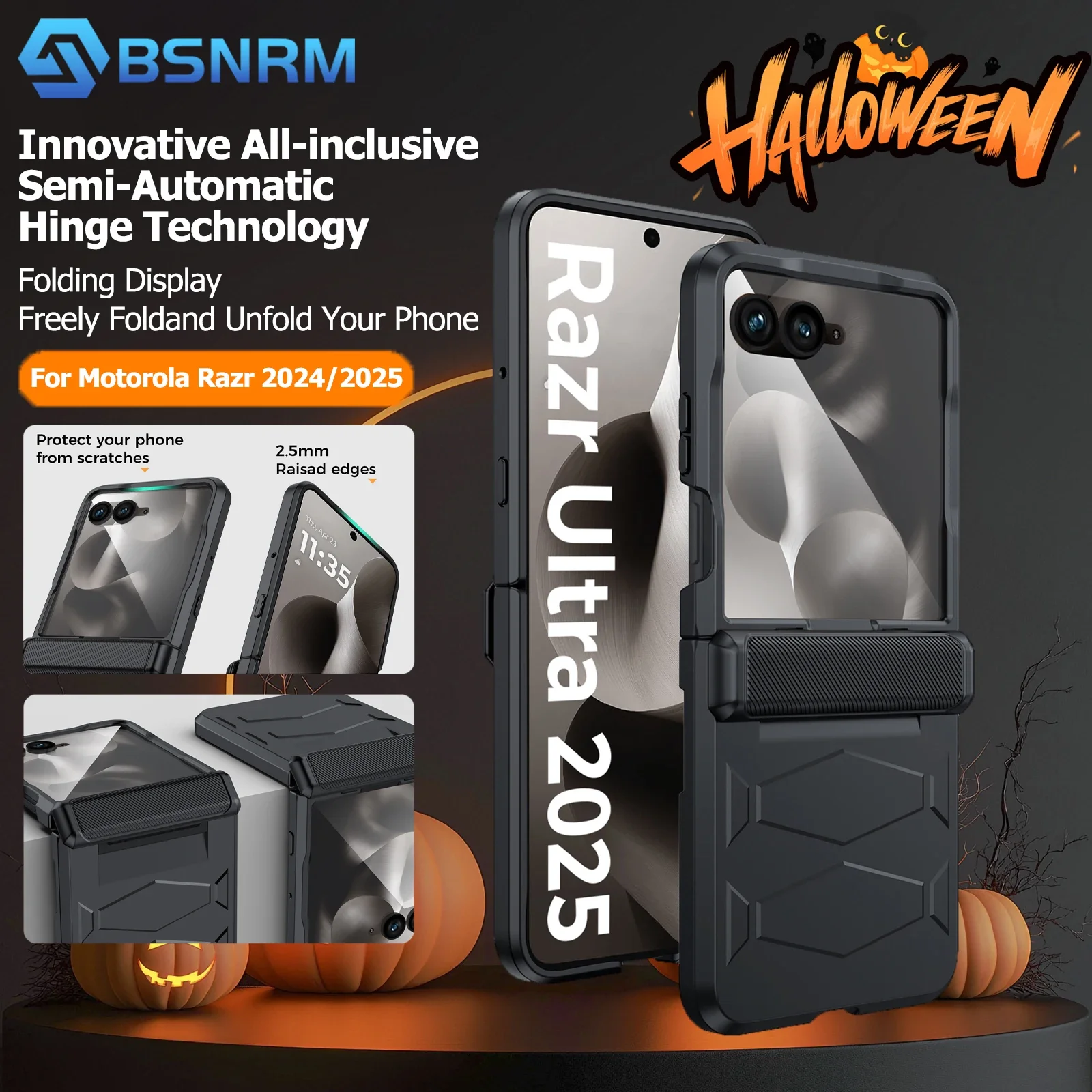 

Подарки на Хэллоуин для Moto Razr 50/60, ультра противоударный чехол, нескользящая текстура, закаленная защита шарниров, чехол для беспроводной зарядки - черный