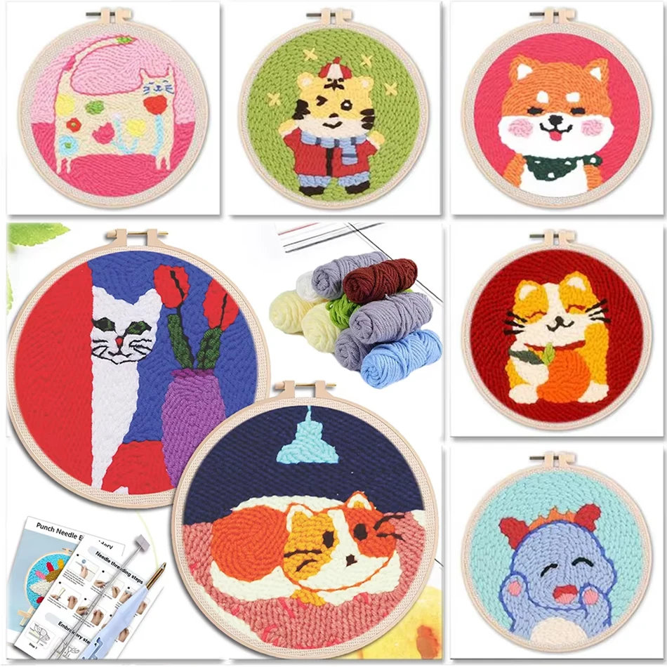 

SDOYUNO Punch Needle Set Embroidery Starter Kit Magic Cute Animal Hooking Beginner Pock Pen Hoop for Christmas Gift Diy Craft
