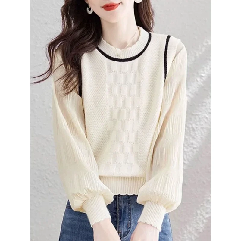 Women Clothing Solid Loose Casual O-neck Pullovers Autumn New Sweet Fashion Elegant Knitted Tops