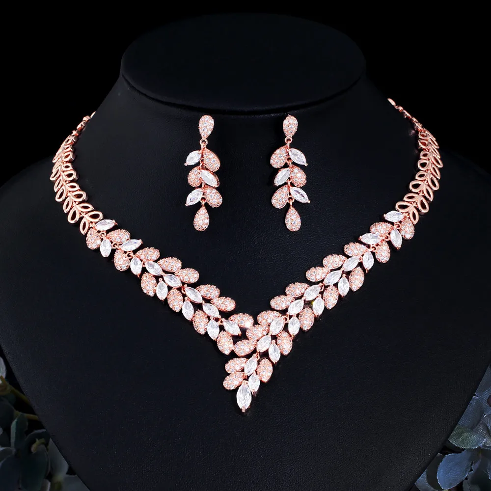 ThreeGraces Elegant Shiny Blue White Cubic Zirconia Leaf Shape Bridal Wedding Earrings and Necklace Jewelry Set for Women TZ898
