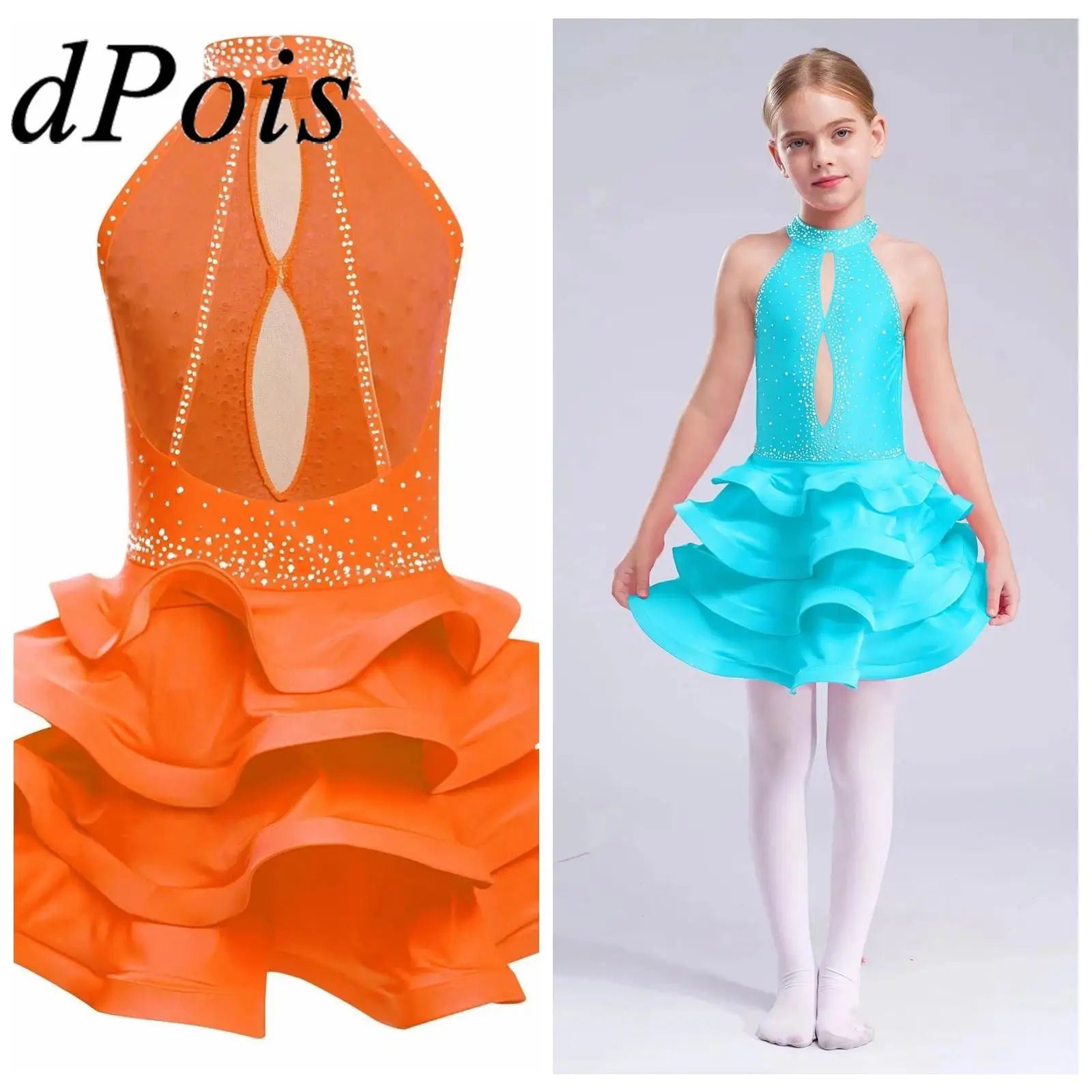 Crianças meninas moderna jazz dança tango traje de dança latina desempenho dancewear vestido sem costas brilhante strass em camadas vestido