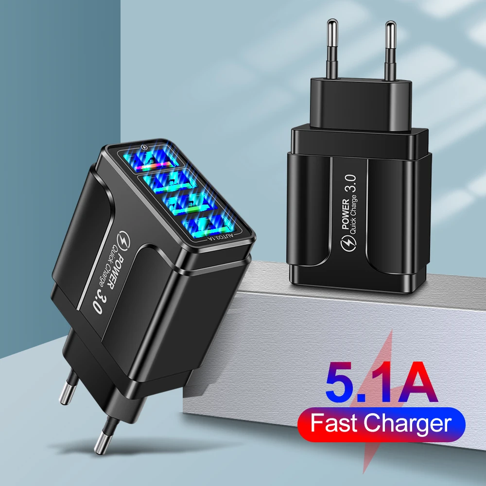 

Universal 4USB Fast Charger QC3.0 US EU UK Plug For IPhone IPad Samsung Xiaomi Huawei Portable Charger for Home Office Travel