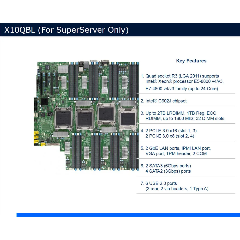 For Supermicro Four-way Server Motherboard LGA 2011 Intel C602J Support E7 8800 V3 V4 CPU DDR3 PCI-E 3.0 X10QBL