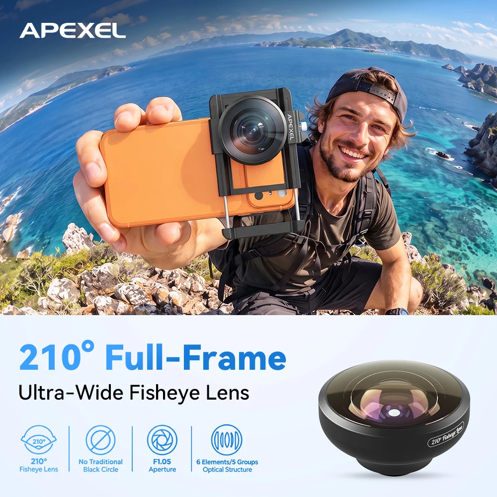 APEXEL New HD 210 Degree Full-screen Super Fish Eye Fisheye Lens Phone Camera Lenses for iPhone 18 17 16 Xiaomi And All Phones
