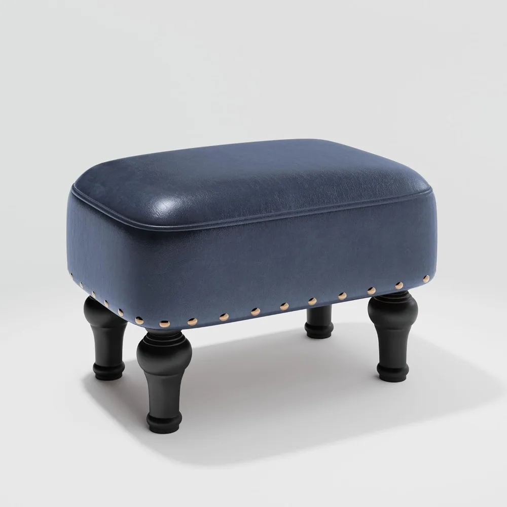 

Ottoman Leather Foot Rest with Thicker Foam Padded Seat, Footstool with Wooden Legs (Blue)