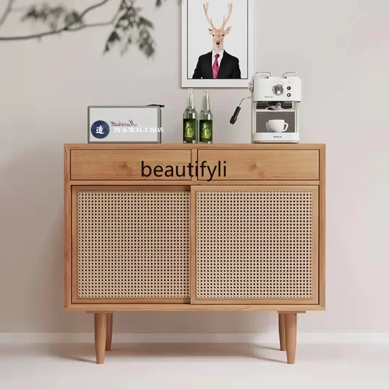 

1184Rattan Solid Wood Sideboard Modern Minimalist Storage Entrance Cabinet Living Room Tea Storage Cabinet drawer furniture